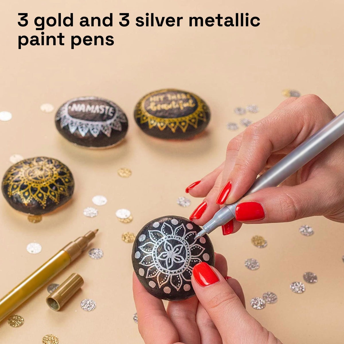 ARTISTRO 6 Gold & Silver Metallic Acrylic Paint Pens – 0.7mm Extra Fine Tip Paint Pens for Crafts, Rock Painting, Greeting Cards, Ornament Decor, DIY Art