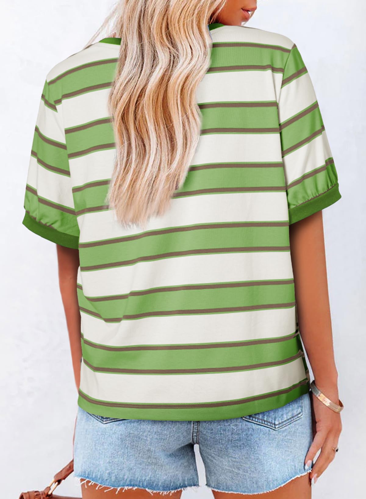 Dokotoo Womens Summer Tops 2025 Short Sleeve Tshirts Shirts for Women Striped Color Block Casual Loose Cotton T-Shirts Crew Neck Basic Cute Tees Lightweight 2025 Fashion Ladies Tops Green Large