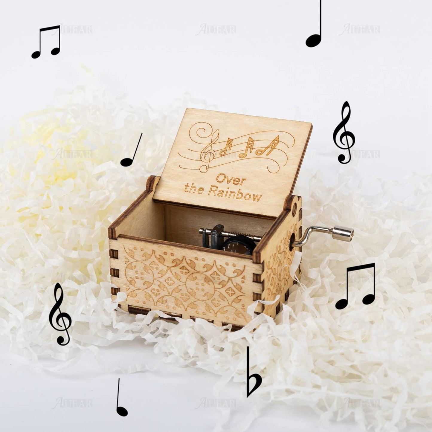 AUEAR, Over The Rainbow Wooden Music Box Hand Crank Laser Engraved Vintage Musical Small Unique Gift for Birthday Wedding Christmas Valentines Day (Style D)