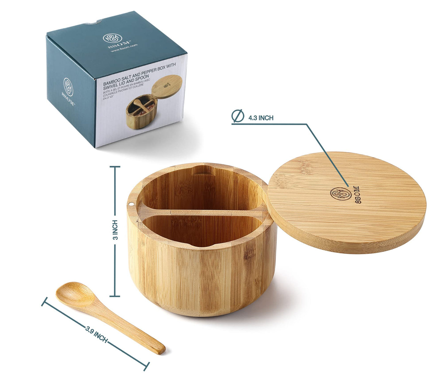 8SOM Bamboo Salt and Pepper Box with Swivel Lid, Embedded Spoon, Magnetic Closure Lid to keep the dust out, Salt Cellar Bowl Container to Storage Pepper Spice Herb Sea Salt, Dual 5 Oz Capacity