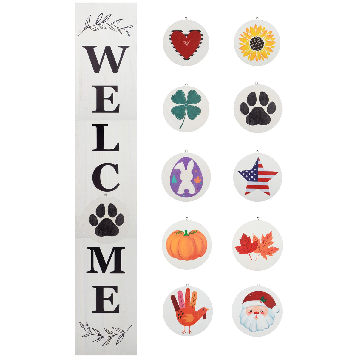 Perfnique Interchangeable Welcome sign for front porch standing, 47 x 7.9 Inch Black Wooden Leaner Sign with 10 Interchangeable Designed Icons, Modern Farmhouse Rustic Seasonal Decor for Spring Easter Fall Christmas (White)