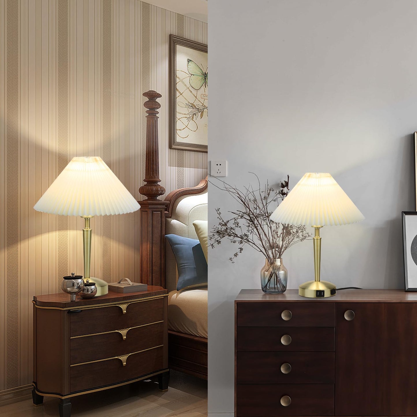 Touch Bedside Table Lamp - Modern Small Lamp for Bedroom Living Room Nightstand, Desk lamp with Fabric Lamp Shade, Warm LED Bulb, 3 Way Dimmable, Simple Design Mother's Day Gifts (Gold)