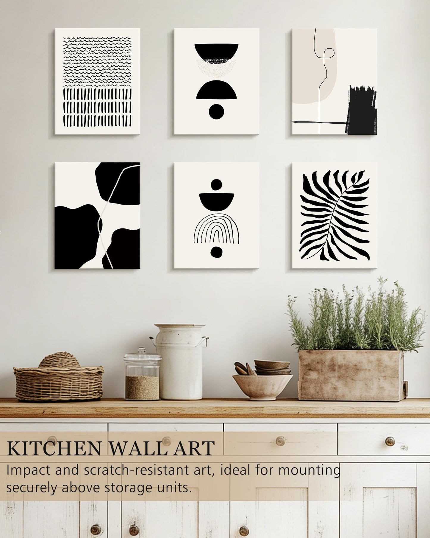 KUVIOKE Black Abstract Framed Wall Art Boho Room Decor Set of 6 Minimalist Geometric Line Art Bohemian Mid Century Modern Prints for Bedroom Living Room 8x10in (Framed)