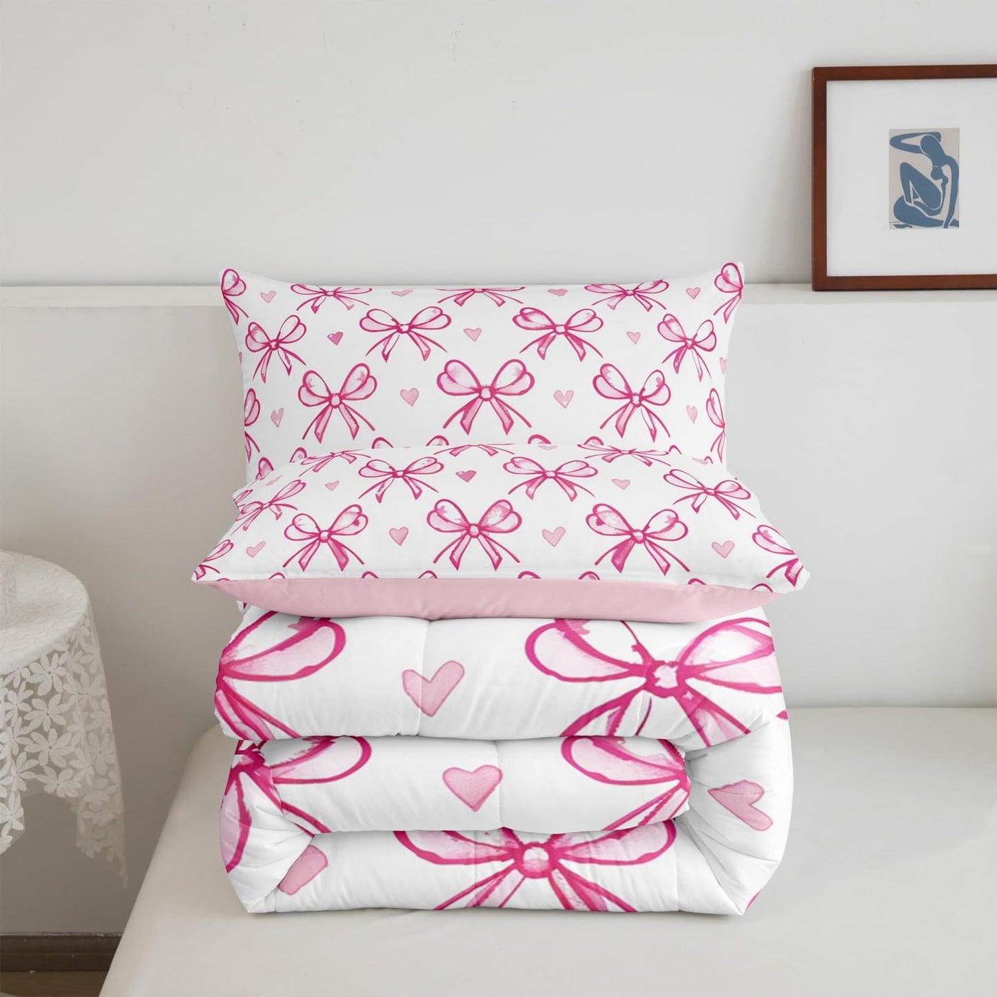 Pink Bow Girlish Kids Comforter Set Queen Size,Bowknot Love Heart Hand Paint Cute Bedding Set,Girls Women Room Decor,Princess Style Bow Tie Down Comforter,Girly Romantic Duvet Insert,2 Pillowcases