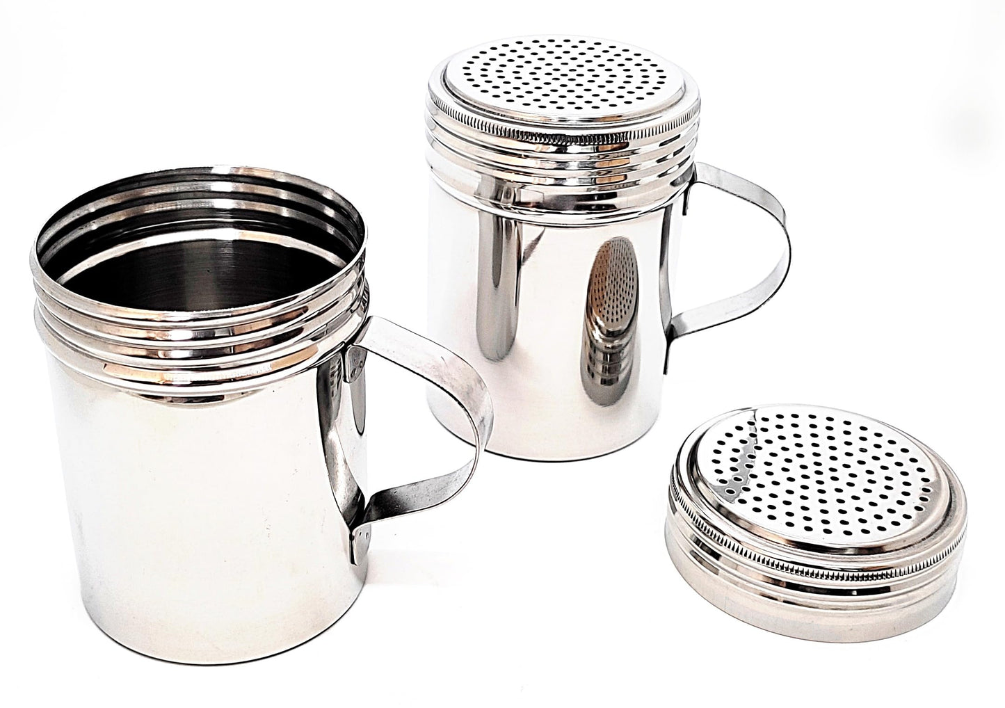 KERAM Metal Salt and Pepper Shakers, Dredge 10 Oz, Pack of 4, powdered sugar/cinnamon/flour/spice/seasoning shaker duster with holes, handle and lids restaurant supplies outdoor kitchen accessories