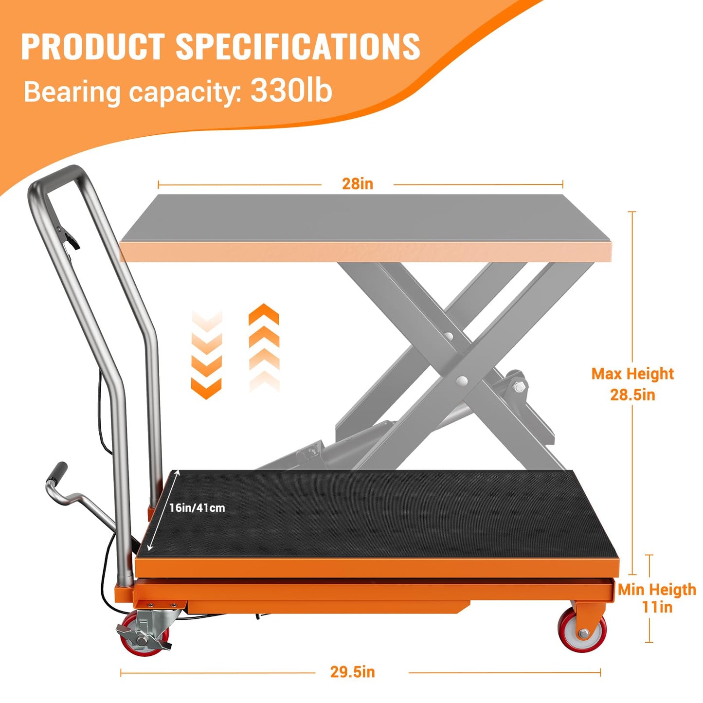 GarveeTech Hydraulic Lift Table Cart, 330 LBS Capacity 28.5 in Lifting Height, Manual Single Scissor Lift Table with Locking Wheels and Non-Slip Pad, Hydraulic Scissor Cart for Material Handling