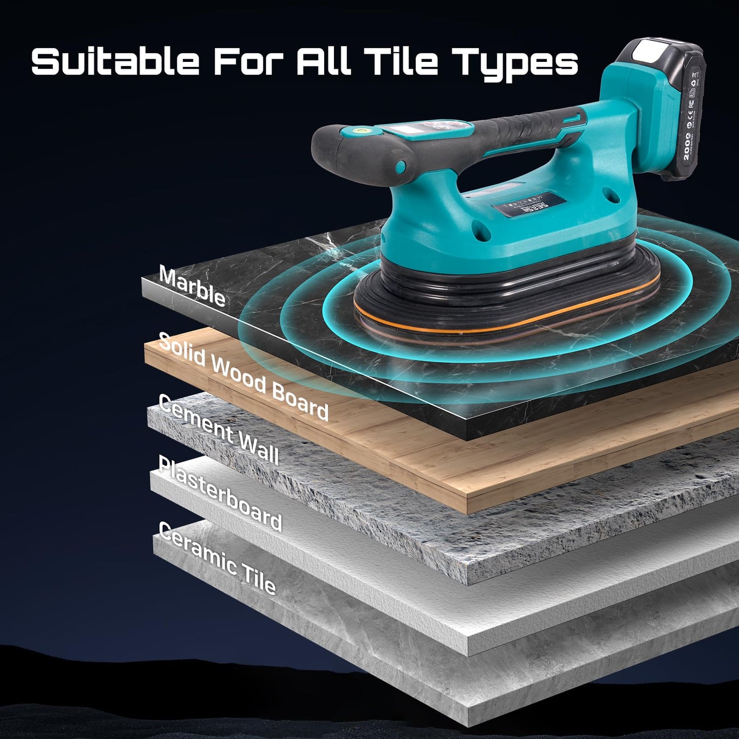 SEESII 2-in-1 Tile Vibration Tool & Electric Suction Cup 285mm – 12 Speeds, 10 Hours Runtime, Fits 12×12in to 89×89in Tiles, 250kg/550lbs Suction Power – For Wall & Floor Tile Installation (K919B)