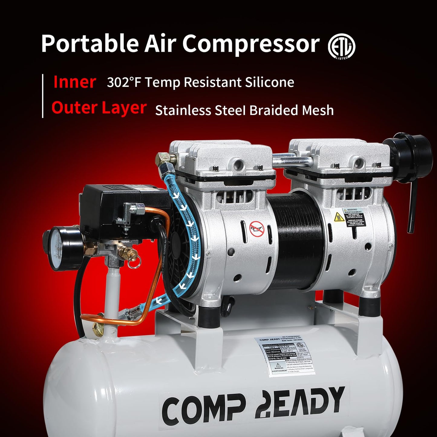 8 Gallon Portable Air Compressor 1HP 2.5 CFM@90PSI 60dB Ultra Quiet Oil Free Air Compressor Ideal for Tire Inflation Pneumatic Tool Spray Painting
