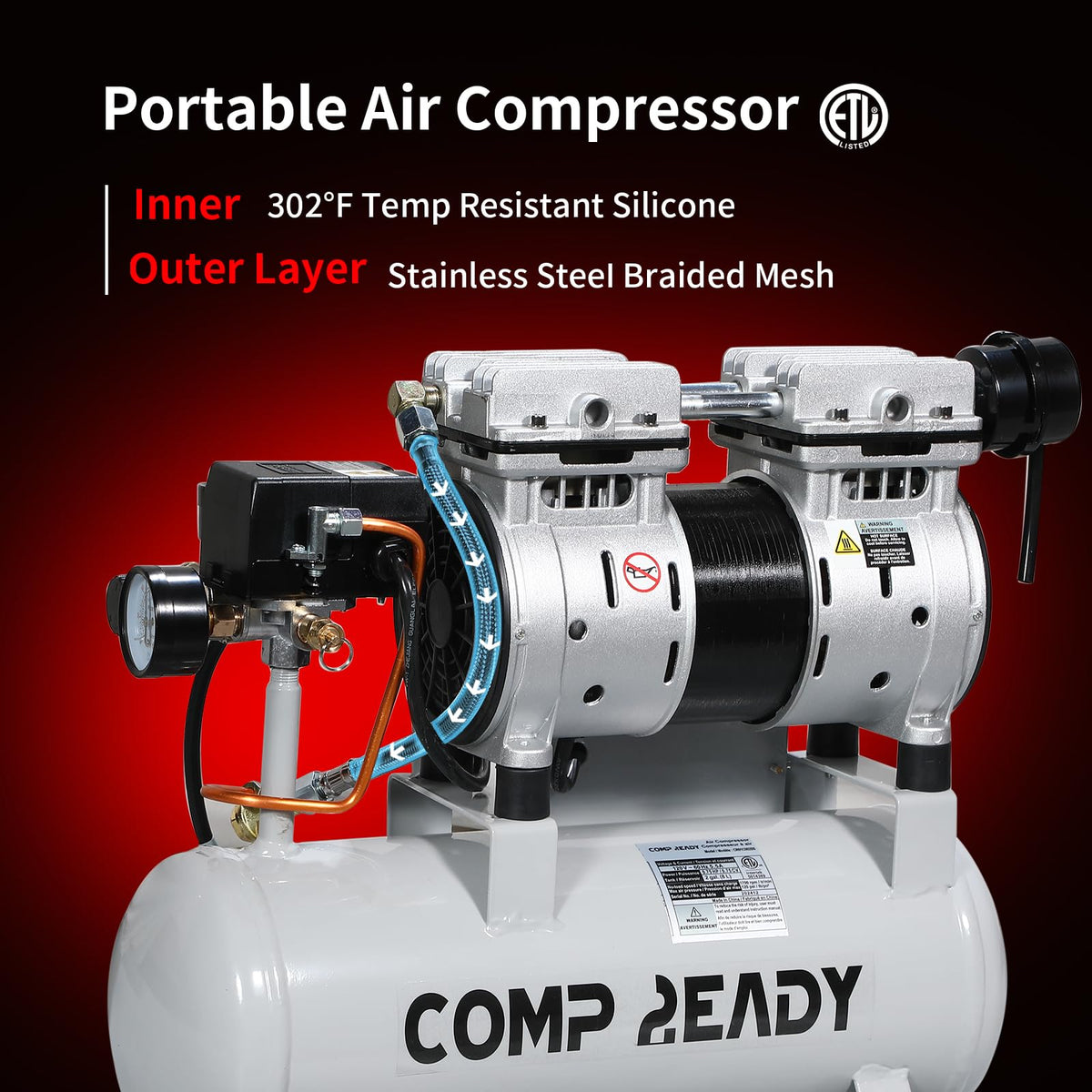 6 Gallon Portable Air Compressor 1HP 2.5 CFM@90PSI 60dB Ultra Quiet Oil Free Air Compressor Ideal for Tire Inflation Pneumatic Tool Spray Painting
