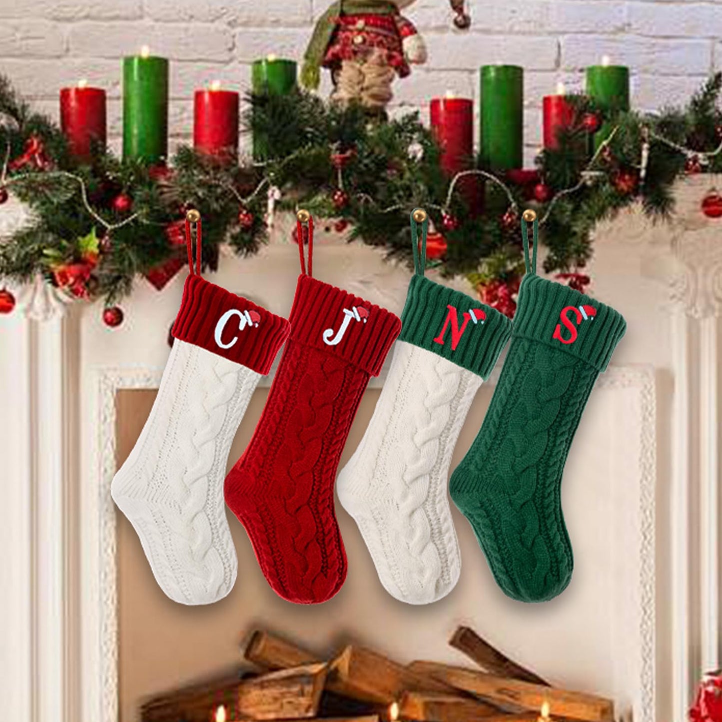 guccde Christmas Stockings with Initials, Personalized Embroidered Monogram 18 Inches Knitted Christmas Stockings Fireplace Xmas Stockings for Kids,Family Holiday Party Decoration Red Letter A