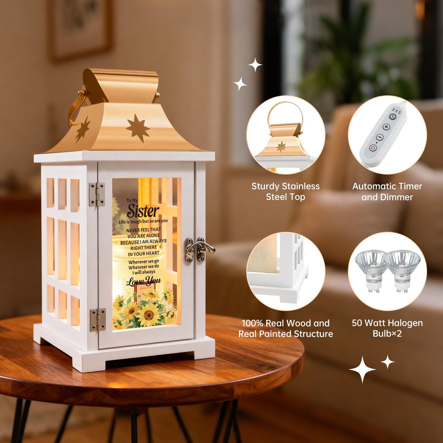 Nowizen Sister Gifts from Sister, Candle Warmer Lamp Lantern with Timer, Christmas Birthday Gifts for Sisters from Sisters - Thanksgiving Gifts