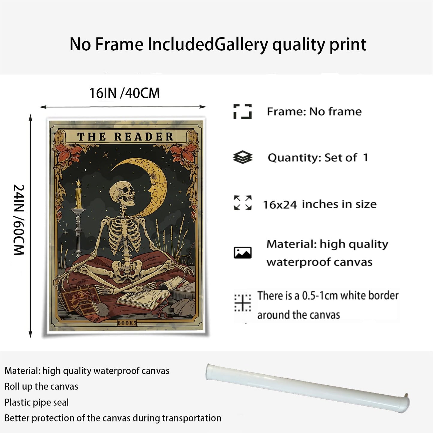 Tarot card wall art Skeleton Reader Tarot Picture Decor Library Reading Room School Decor Book Lover Witchy Gothic Halloween Canvas Paintings Gifts for Readers Book Lovers Gifts 16x24inch Unframed
