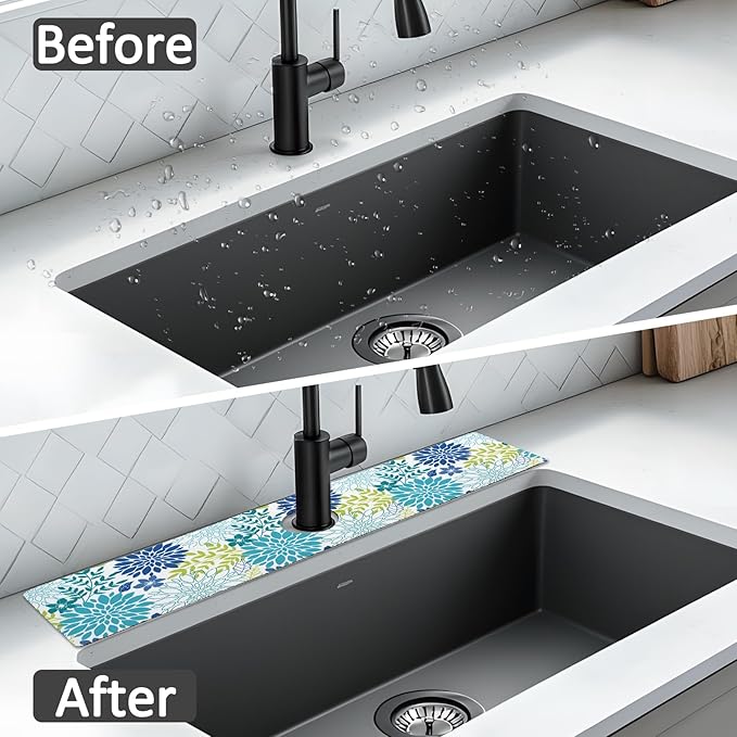 24" X 5.5" Kitchen Sink Splash Guard Faucet Mat Flora Super Absorbent Fast