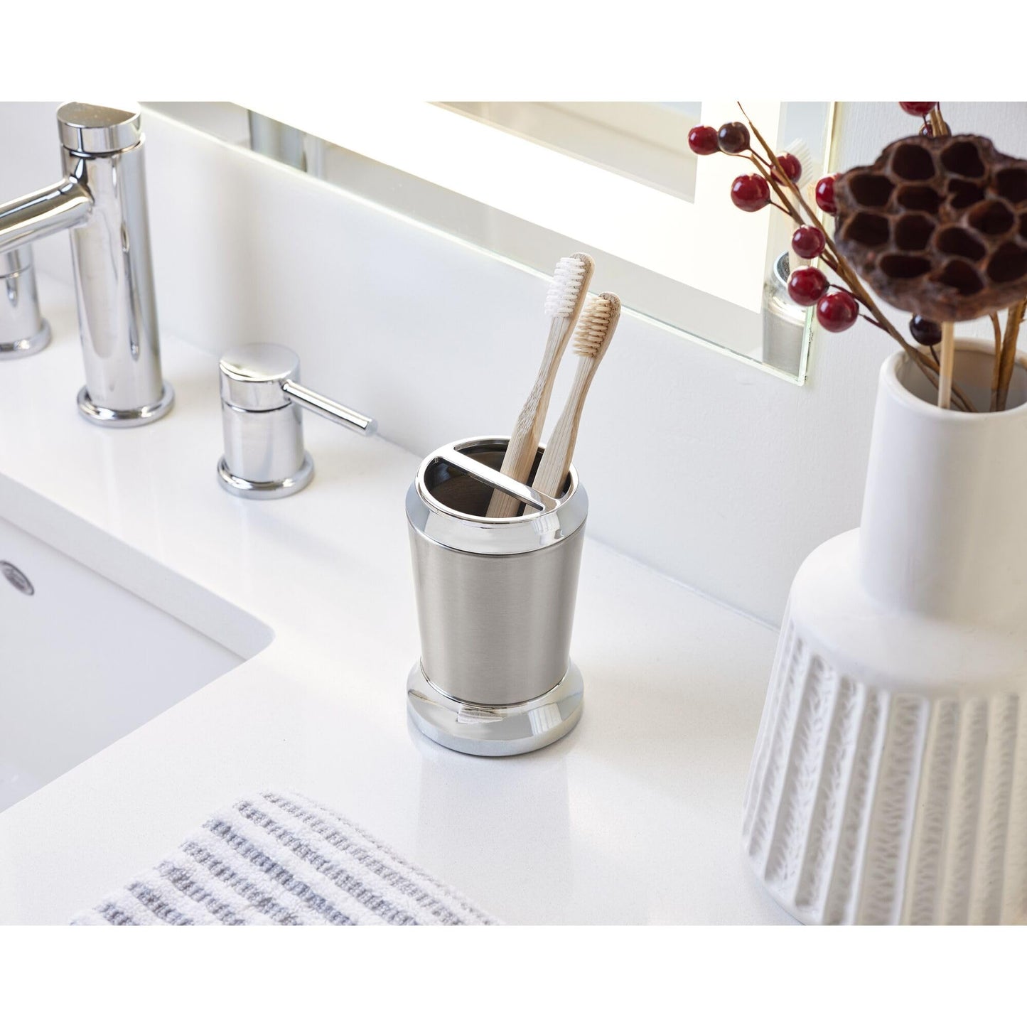 iDesign Stainless Steel Toothbrush Holder, The Preston Collection – 3" x 3" x 4.5”, Brushed & Chrome Split Finish