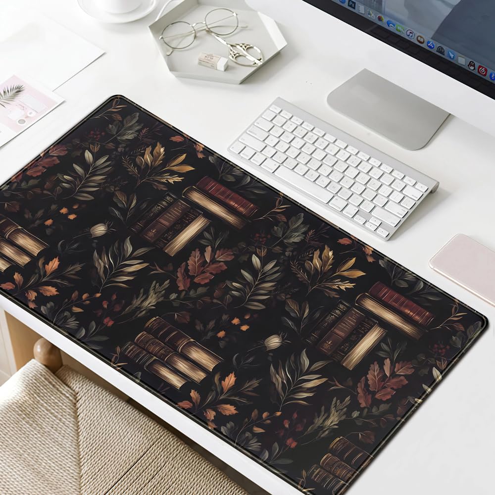 Vintage Plant Desk Mat Gaming Large Mouse Pad, Vintage Books Gothic Desk Pad Bookcase Mouse Mat XXL Laptop Keyboard Pad, Laptop Keyboard Mousepad Aesthetic Accessories for Women 31.5" X 15.7"