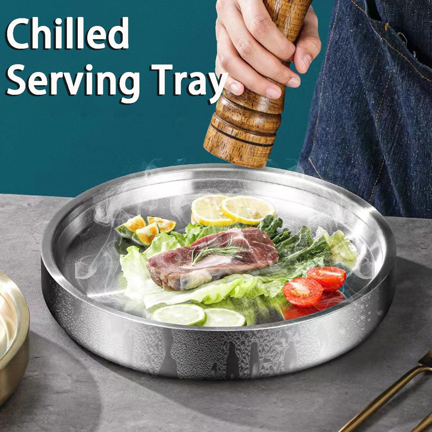 Stainless Steel Chilled Serving Tray with Ice Chamber - Silver Platter for Shrimp Cocktails and Party Fruit Buffets - Appetizer Tray Food-Grade Dip Bowl for Hot/Cold Preservation (11in)