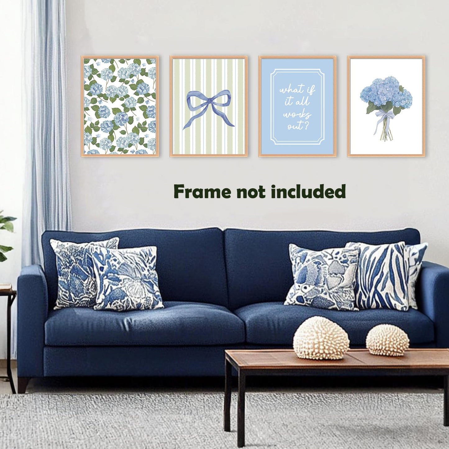 Pleonox Inspirational Coquette Blue Bow Hydrangea Floral Wall Art Prints 12x16 Inch Set of 4, Motivational Sage Green Striped Pictures Wall Decor for Girly Bedroom Room Dorm Apartment, Unframed