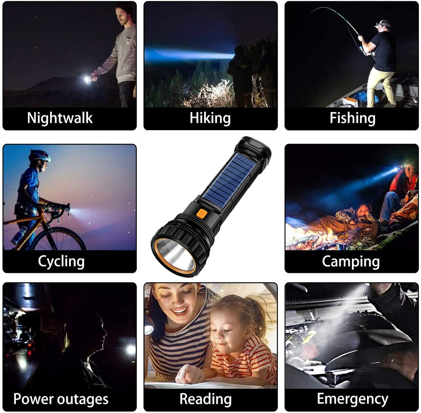 E-SHIDAI Solar Rechargeable Flashlight, Multi Function 1000 Lumens LED Flashlight with Emergency Strobe Light, Handheld LED Flashlights for Home Emergencies Camping