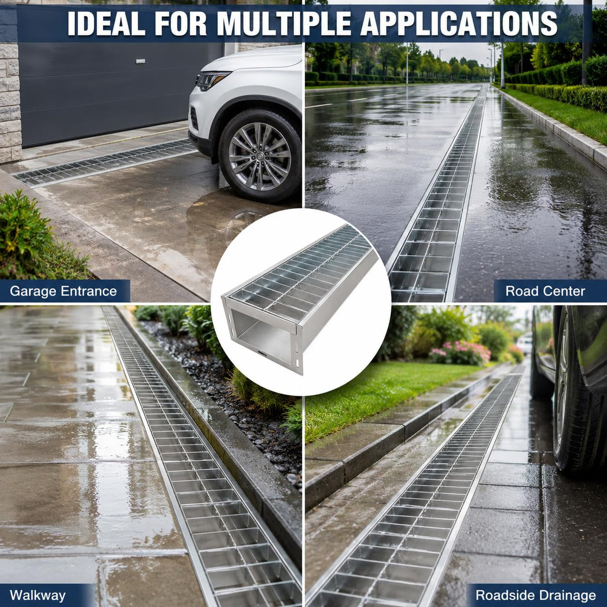 TONGMO 304 Stainless Steel Channel Drain with Stainless Steel Grate, 39.4" x 9" x 6" Heavy-Duty Trench Drain System, Class C Load Rating (55,000 lbs) for Driveways, Commercial Areas & Industrial Sites