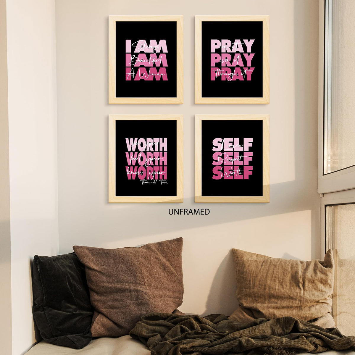 HUYAW Pink Woman Girl Inspirational Quotes Pray Worth Wall Art Prints Set of 4, Motivational Posters Gifts for Women Teen Girls Room Home Bedroom Office College Dorm Decor (Unframed), 8 x 10 In