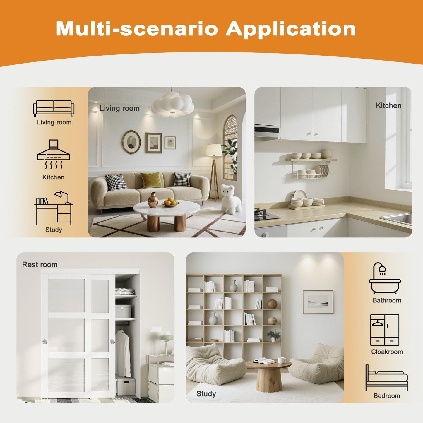 JUJUBON Closet Sliding Door, 48"Ć80"(Double Barn Doors 25"), Double 5 Panel Sliding Door with Hardware Kit, Pre-Drilled Doors Panel, MDF with Paintable Surface, White, Need to Assemble