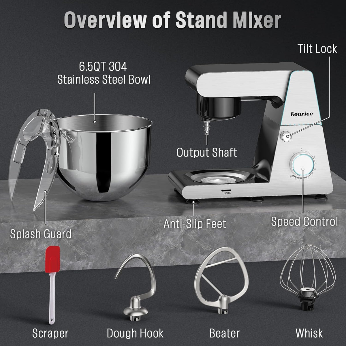 Kourice 6.5QT Tilt-Head Stand Mixer, Heavy Duty Pro 10-Speed Electric Mixer, Stainless Steel Cladding & Bowl with Dough Hook, Wire Whisk and Flat Beater for Home Baking, Bread, Cake, Pizza Dough