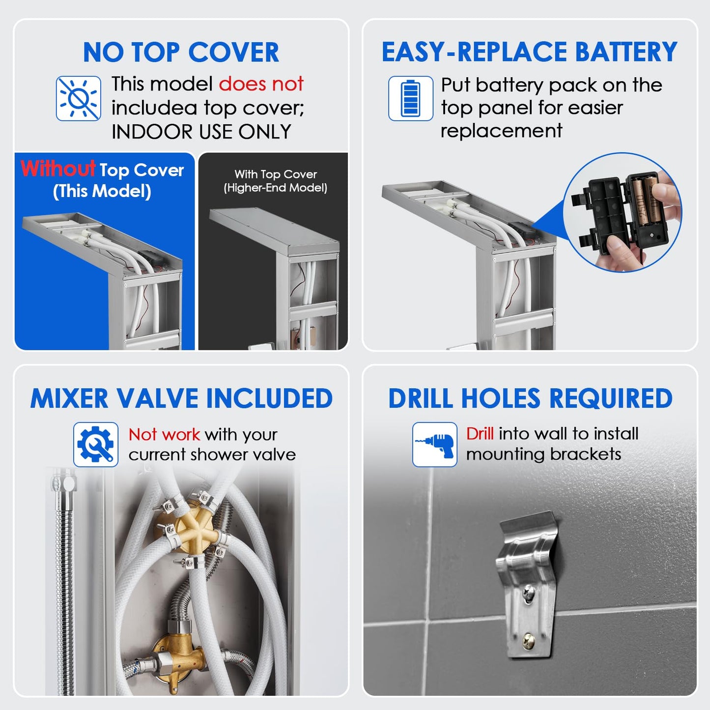 ROVOGO LED Shower Panel Tower System 46.5", 5-Function Shower Column with Rainfall Waterfall Shower Head, 4 Body Jets, Handheld and Tub Spout, Stainless Steel Brushed