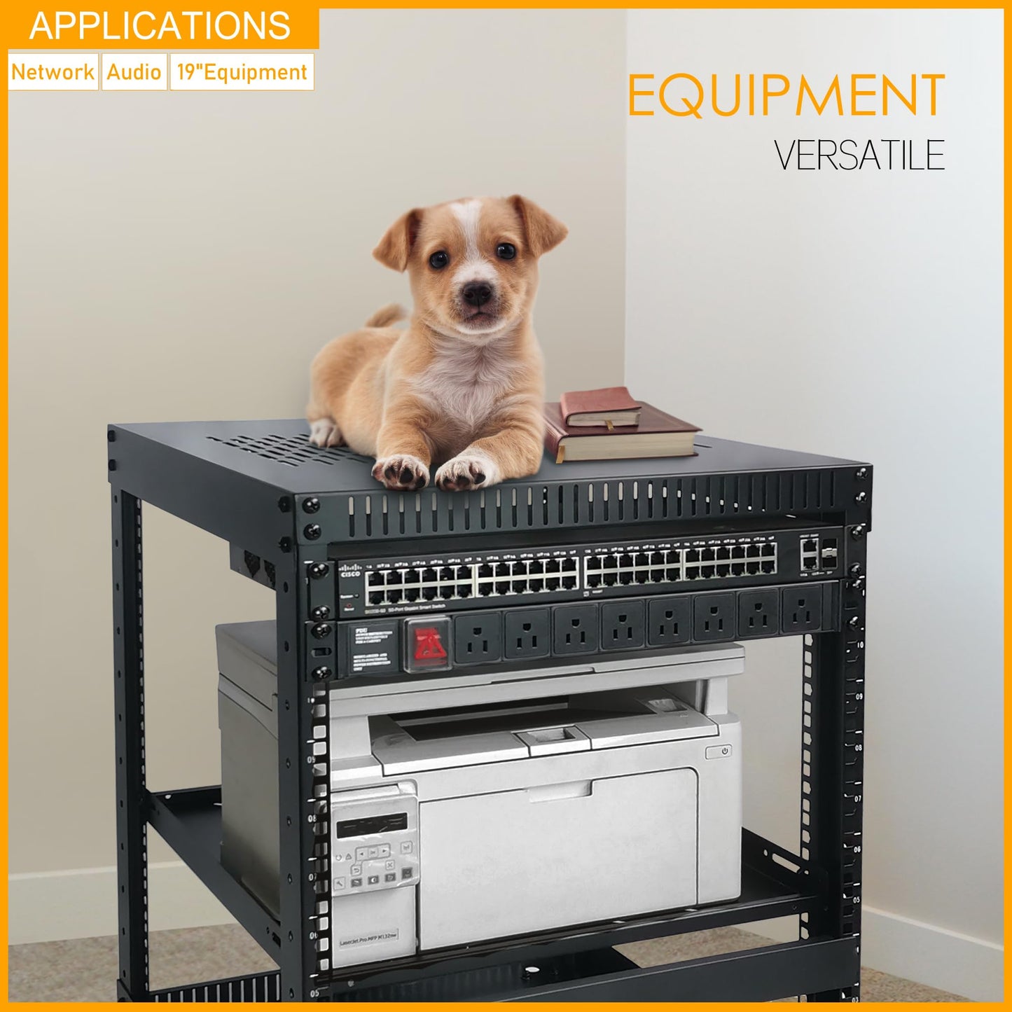 RIVECO 25U Network Rack with Reinforced Top Cover - 4 Post Floor Rack on Wheels for 19" Equipment & Stereo Gear- Including Mount Power Strip & 2PCS 1U Shelves