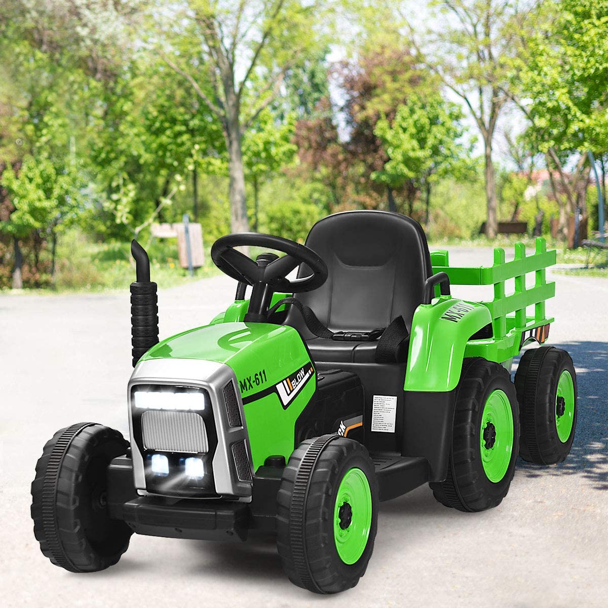 Costzon Ride on Tractor with Detachable Trailer, Kids' Electric Vehicles w/3-Gear-Shift Ground Loader, Wireless Design & USB, 7 LED Headlights, Remote Control Tractor Toy for Kids 3+ (12V, Green)