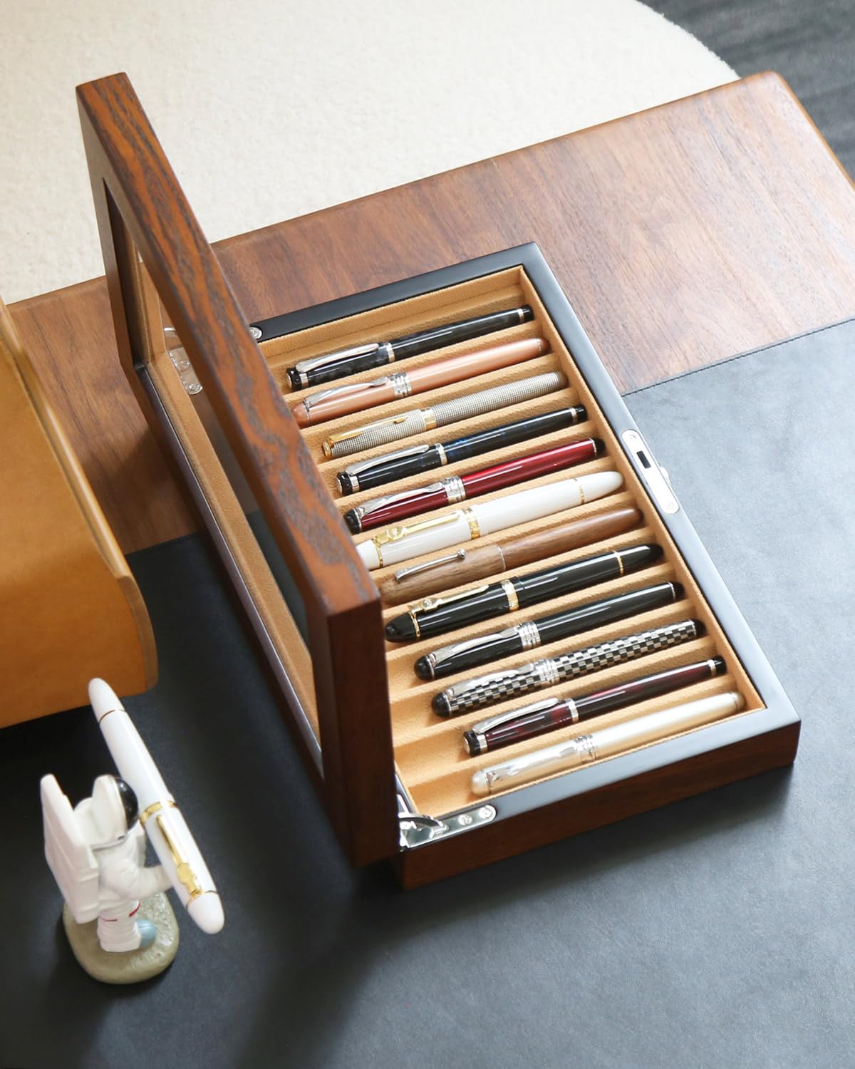 Besforu Wooden Pen Display Case – 12 Slot Lockable Fountain Pen Storage Box, Brown Collectors Display with Glass Top, Gift for Men
