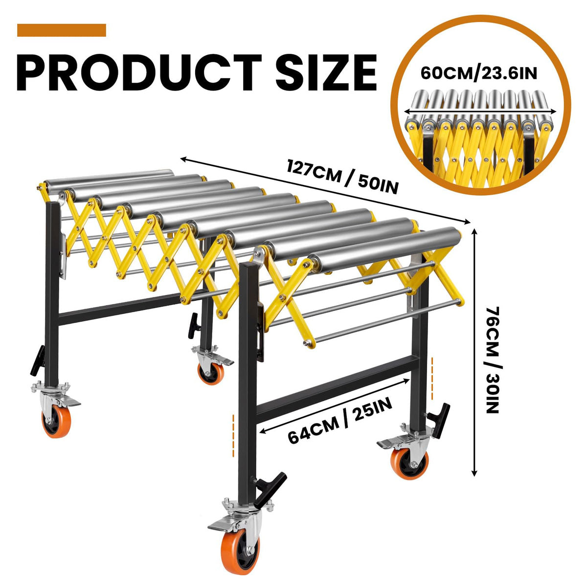 Connectable Conveyor Roller Stand - 660LBS Capacity, Adjustable Roller Conveyor, Built-in Hooks for Expandable Splicing (47-100in)