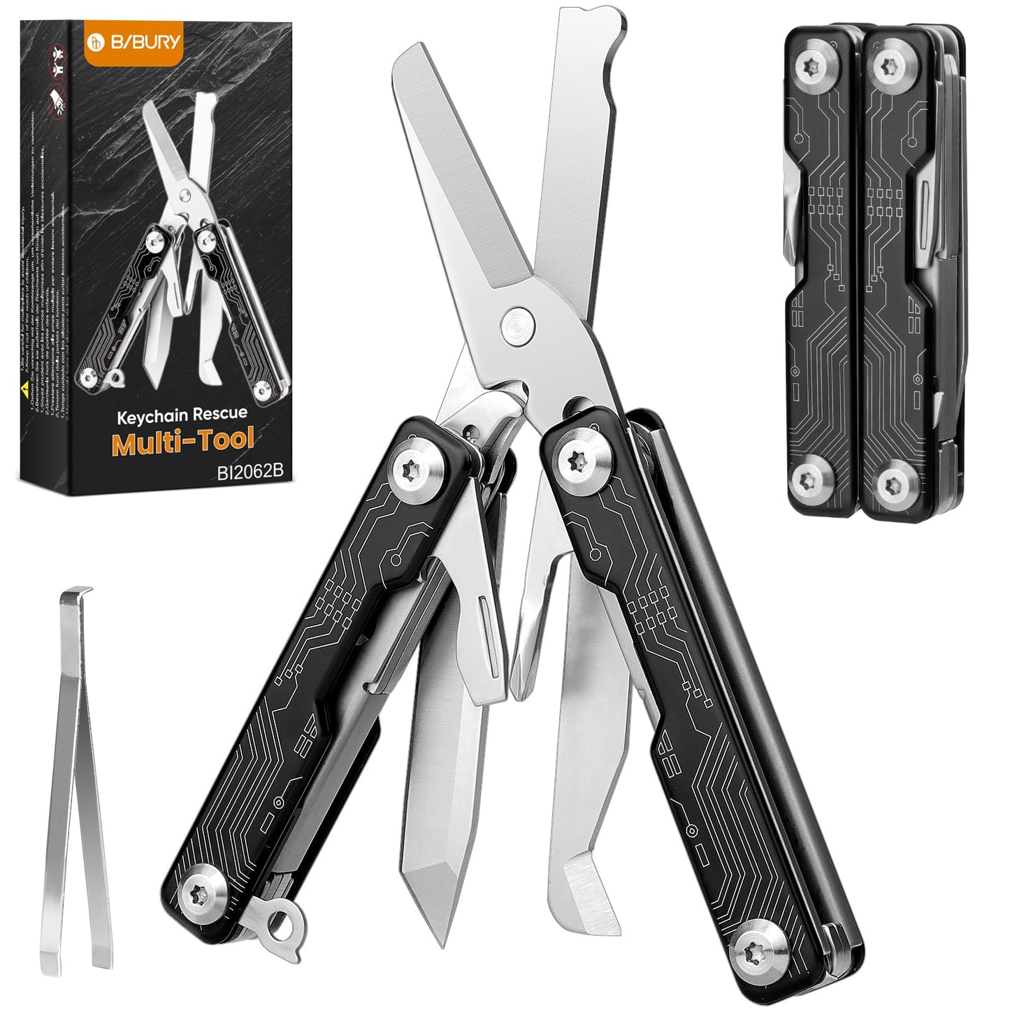BIBURY Mini Keychain Multitool Scissors B12062B, 9 in 1 Multitool EDC Scissors with Screwdriver, Bottle Opener, Pocket Knife, Spring -Mini Multi Tool for Outdoor, Daily Use, Gifts for Men and Women
