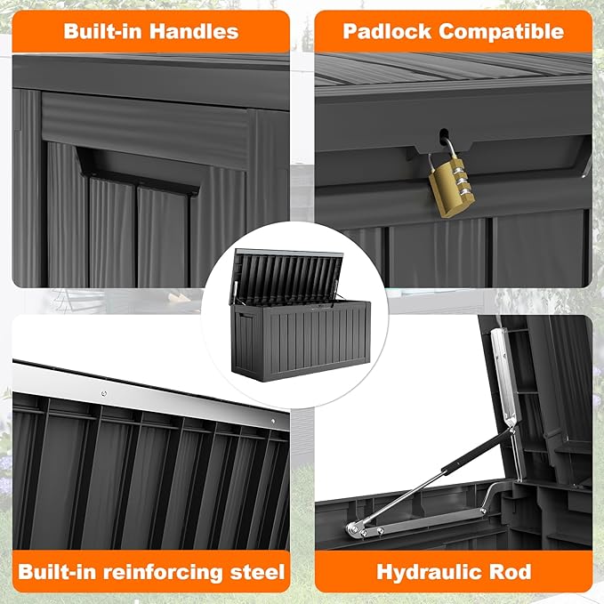 86 Gallon Outdoor Deck Box, Lockable Waterproof Outdoor Storage Boxes For Garden Tools,Indoor Cushions,Accessories Outside Storage Resin Weatherproof Container(Black)