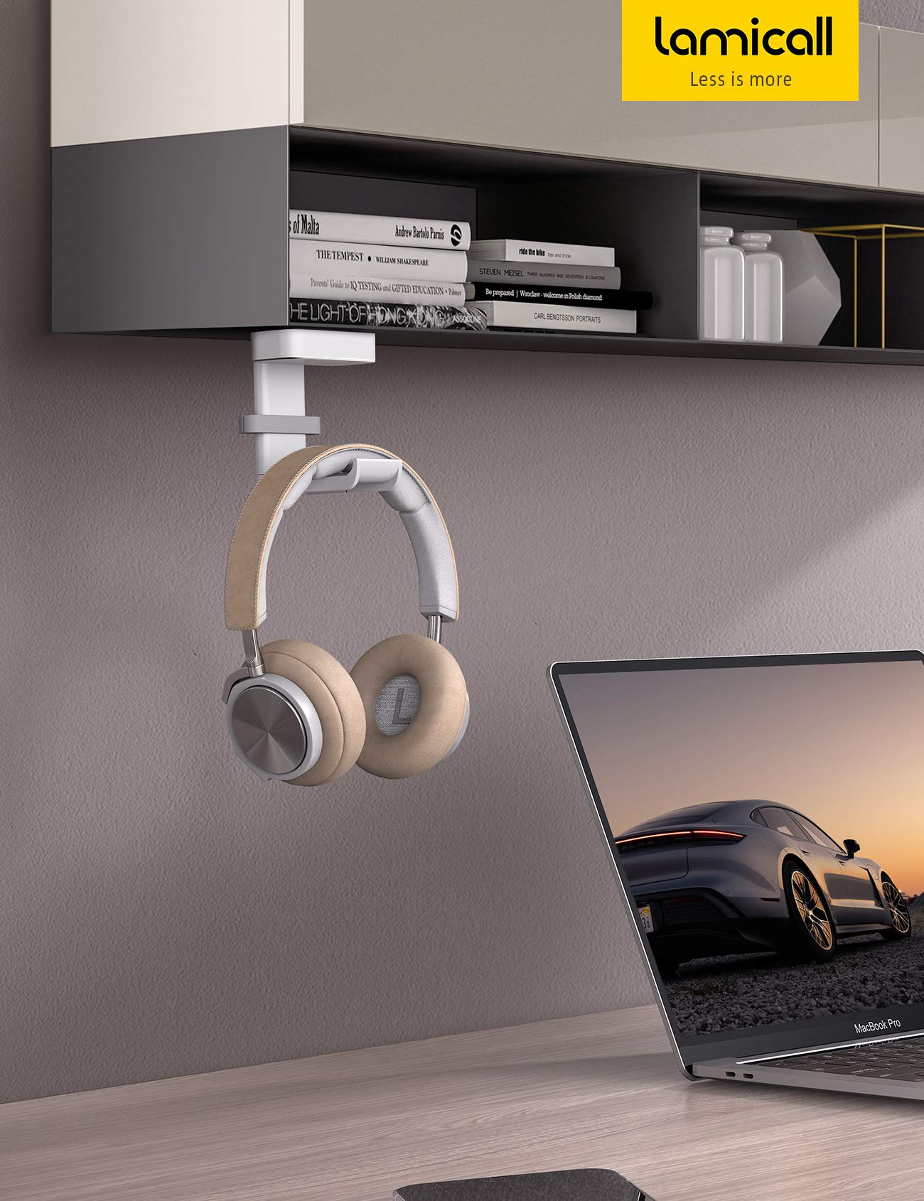 Lamicall Headphone Stand, Sticky Headset Hanger - 360 Degree Rotation Earphone Adhesive Hook Holder Mount, Table Headphone Stand with Cable Organizer, Headset Clamp for HyperX, Sennheiser -White