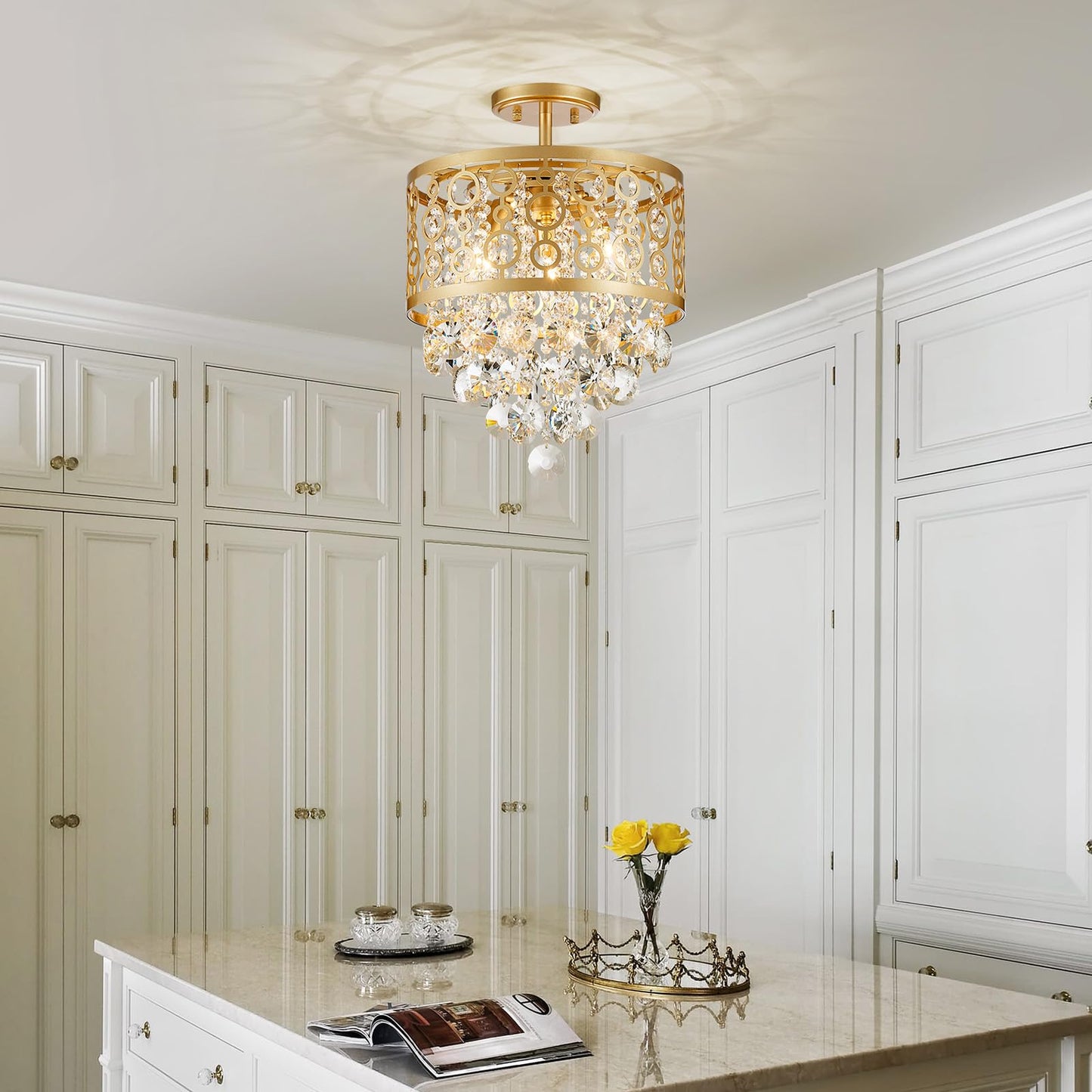WUZUPS Crystal Drum Chandelier Flushmount Ceiling Light Modern Lighting Fixture for Entry Hallway Kitchen Bathroom Bedroom, H 16.3'' x W 13'', E12 Base, Gold