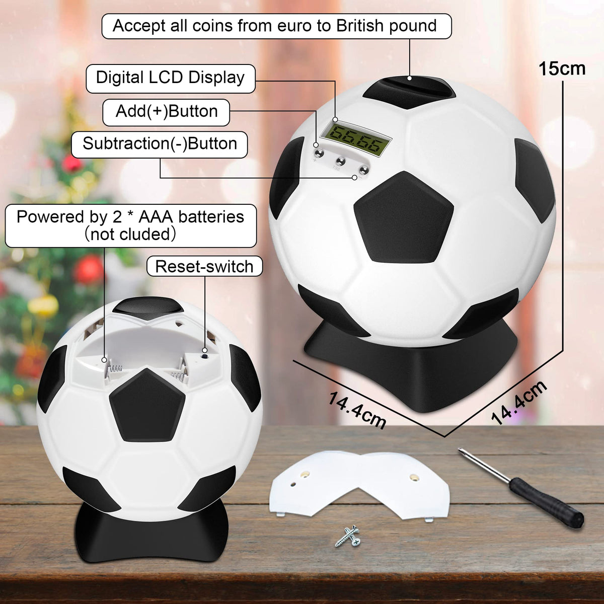MOMMED Piggy Bank for Boys,Digital Bank,Soccer Ball Piggy Bank,Soccer Gifts for Boys,Coin Bank with Football Look,Coin Bank with Automatic LCD Display(Small)