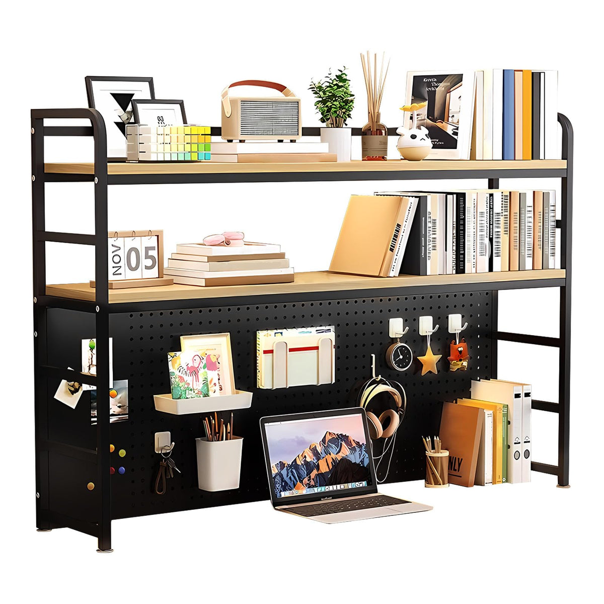 ZWCQSYS 2-Tier Desktop Bookshelf Hutch - Metal Desk Shelf Bookcase with Desk Pegboard Countertop Storage Organizer Rack for Dorm or Office (B, 70cm/27.5in)