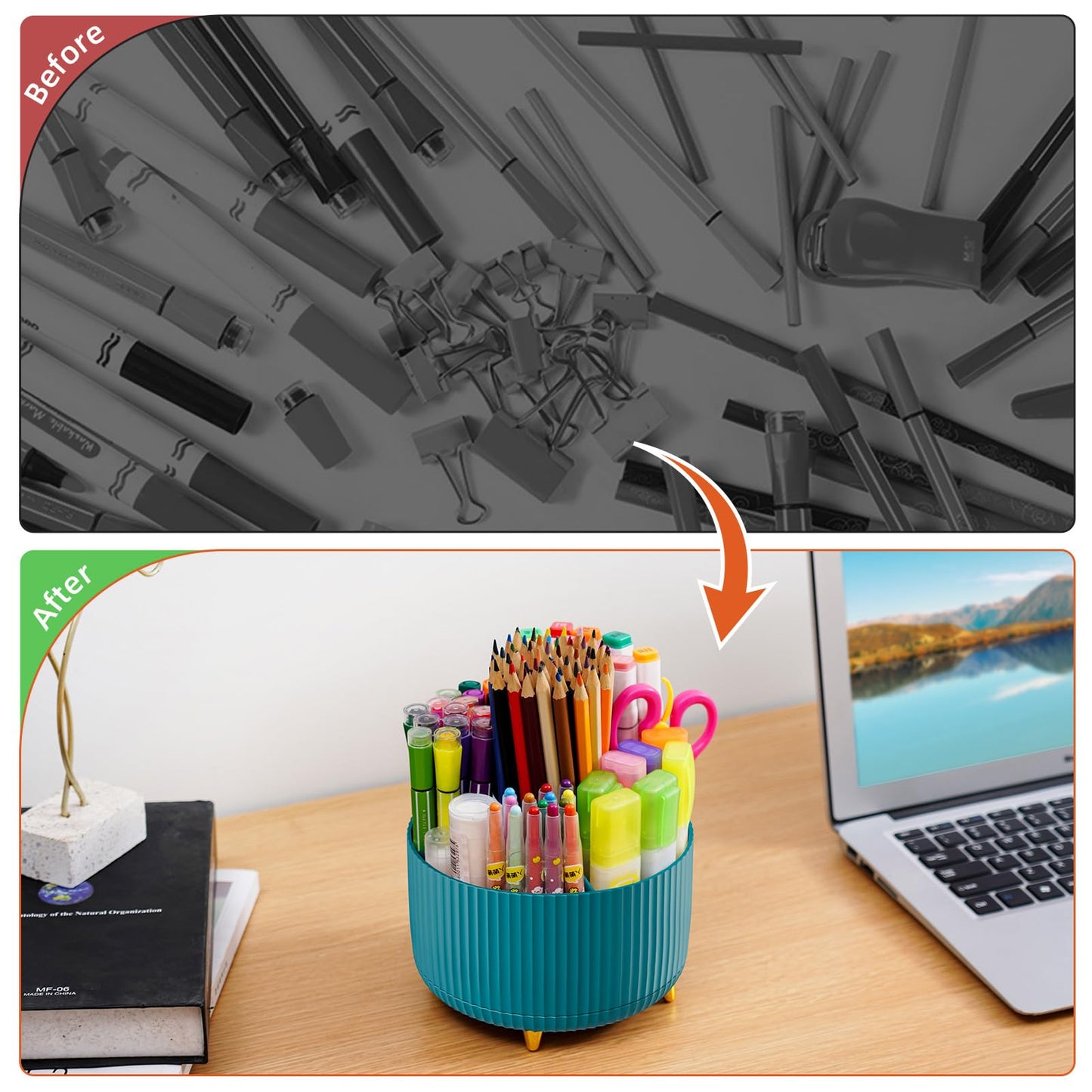 Marbrasse Desk Organizer, 360-Degree Rotating Pen Holder, Desk Organizers and Accessories with 5 Compartments Pencil Organizer, Art Supply Storage Box Caddy for Office, Home(Green)