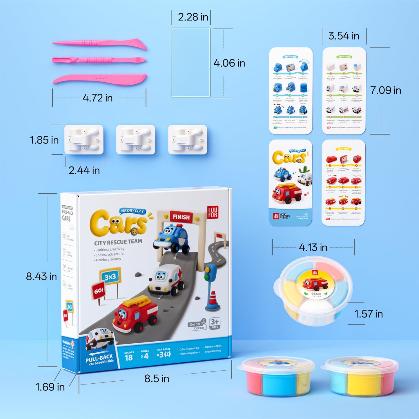 Air Dry Clay Kit for Kids - Pull Back Car Making, 3 Boxes Modeling Clay with Sculpting Tools, Base, Backing Board, Tutorial, Ultra Light & Soft, Non-Toxic & Safe, Creative DIY Arts and Crafts Toys