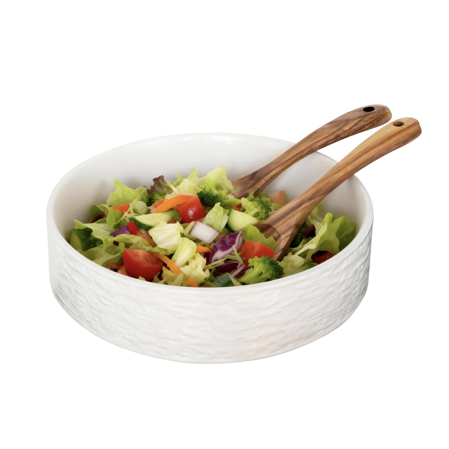 seicasaya 10 Inch Ceramic Salad Bowl with Acacia Wood Serving Spoon and Fork Set High Temperature Fired Stone Texture Large Serving Bowl for Pasta Fruit Popcorn Modern Centerpiece Bowl (White)