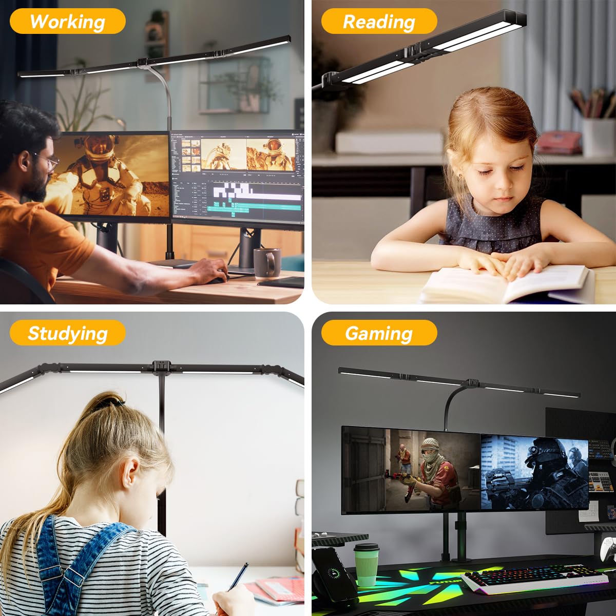 Adjustable LED Desk Lamp with Clamp, 4-Head Eye-Caring CRI95+ Desk Light, Stepless Dimming & Color Temp Remote Control, Flexible Neck, 5-Mode for Reading, Computer, Crafting, 90" Wide Desk Coverage