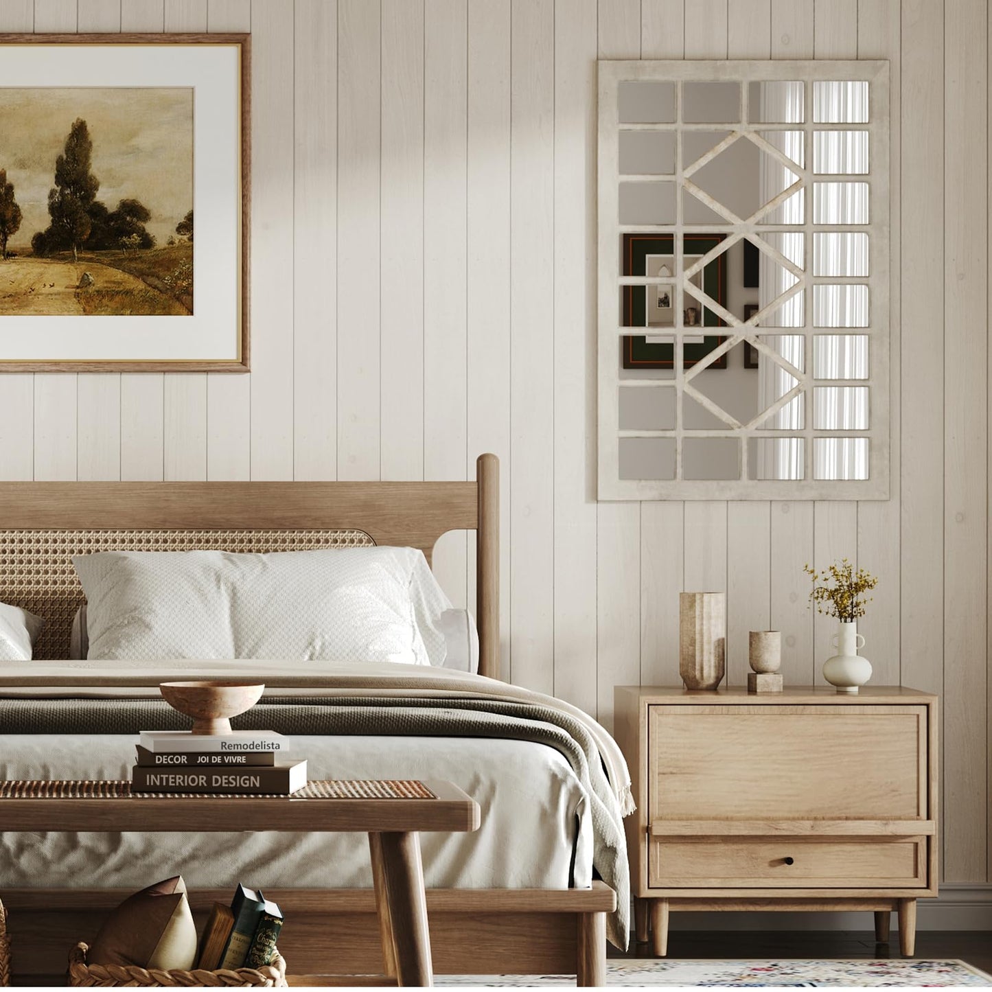 CozyDH Farmhouse Window Pane Mirror Decor - 24x36 inch Retro White Rectangle Wall Mirror Soli Wood Frame, Decorative Wooden Accent Mirror for Entryway, Fireplace, Living Room, Hallway, Dining Room