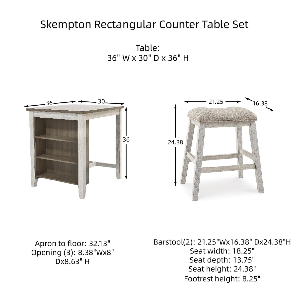 Signature Design by Ashley Skempton 3 Piece Counter Height Dining Set, Includes Table and 2 Barstools, Cushioned Seats, Wood, Whitewash