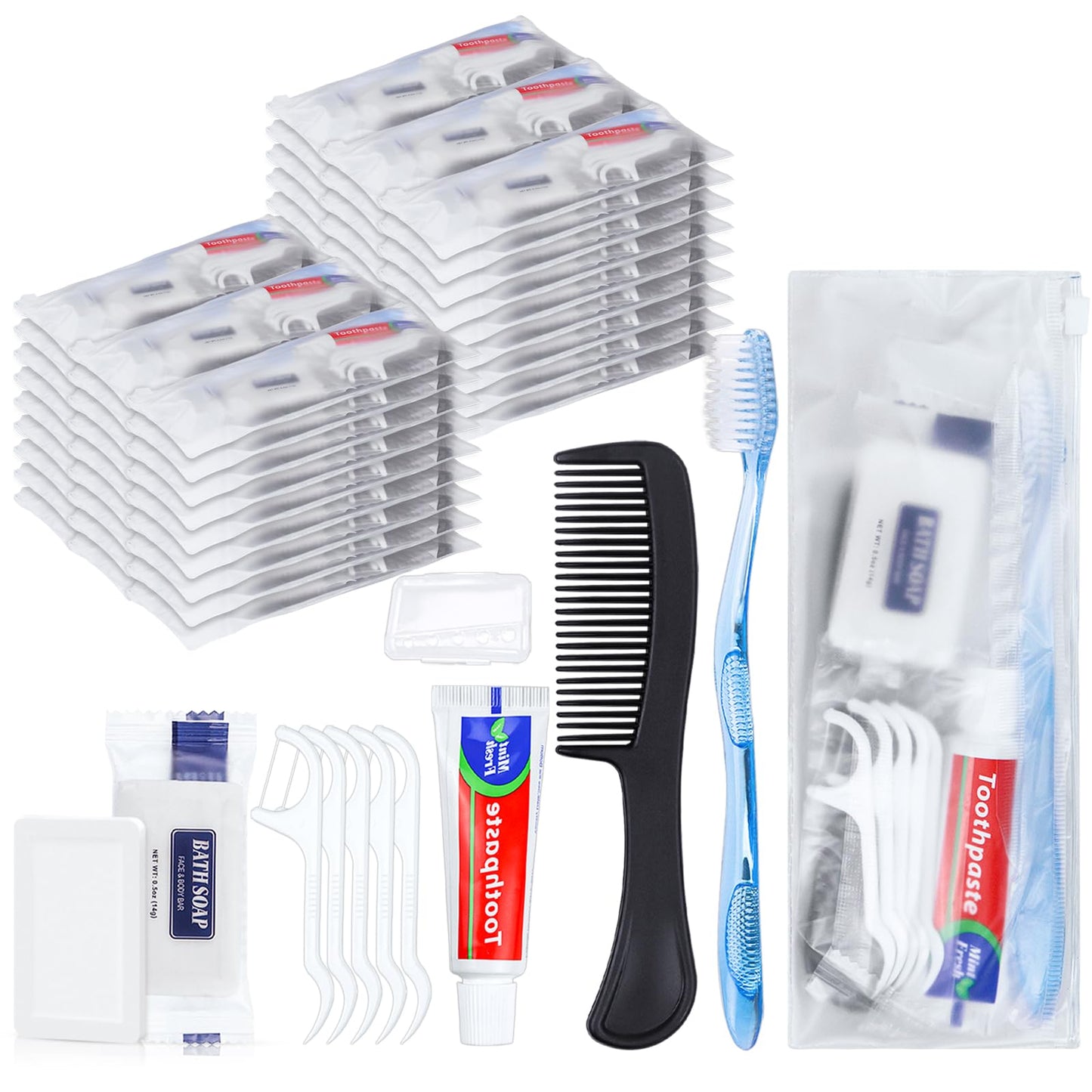 HQSLsund 10 Sets Personal Hygiene Kit Bulk, Disposable Toothbrushes with Toothpaste Floss Comb Soap and Cover, Toiletry Kits Homeless Supplies Bulk for Women,Men,Travel,Homeless