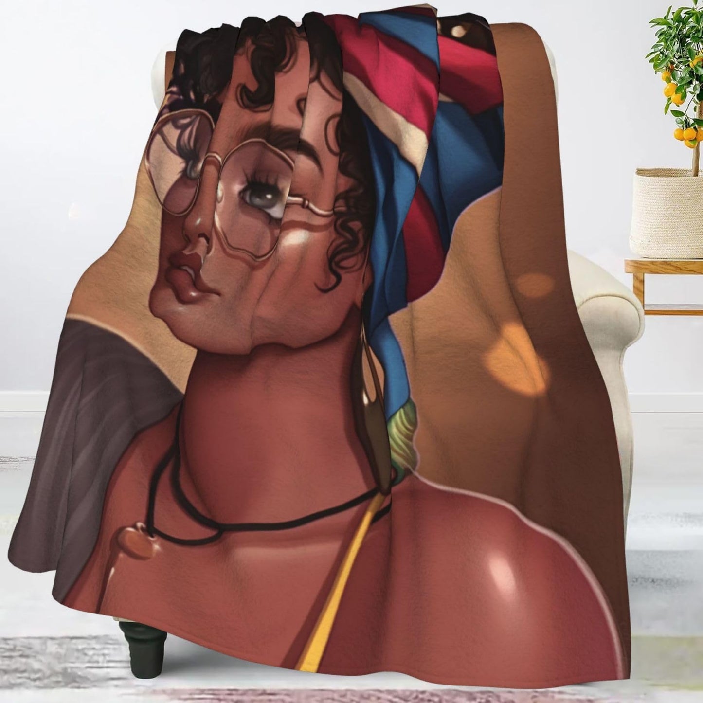 Perinsto African Black Girl Afro Woman Throw Blanket Ultra Soft Warm All Season Decorative Fleece Blankets for Bed Chair Car Sofa Couch Bedroom 50"X40"