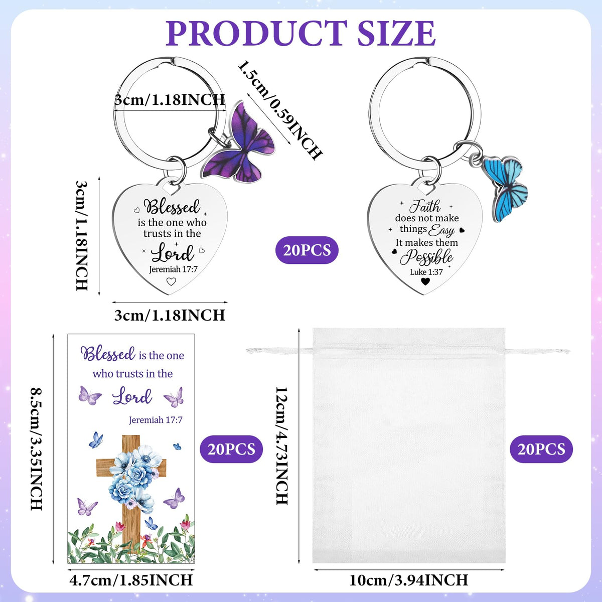 WZSTNBLA 20 Sets Inspirational Religious Gifts Christian Butterfly Keychain Motivational Encouragement Thank You Cards and Organza Bags Employee Appreciation Gift for Female Friends Staff Coworkers