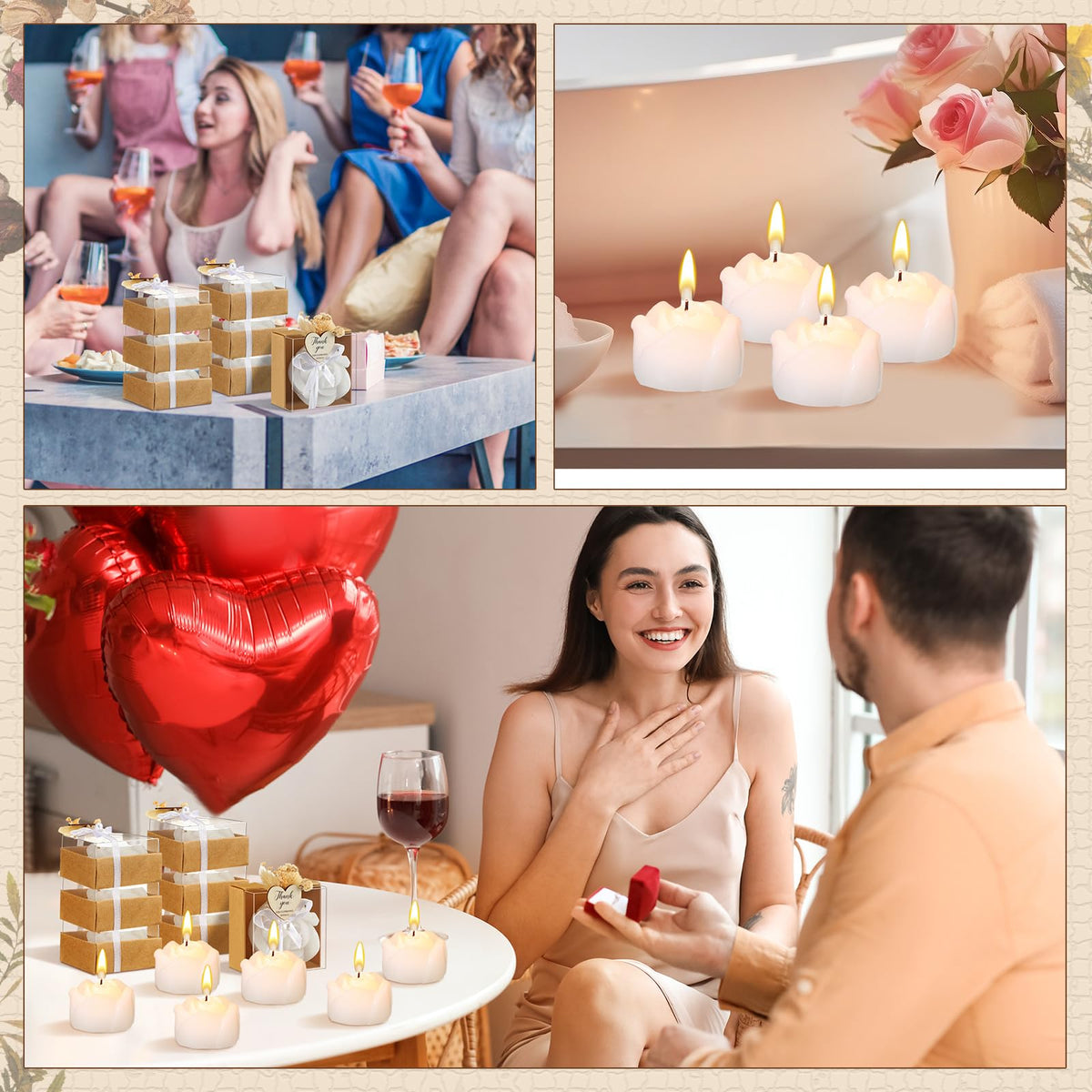 Threlaco 50 Sets Rose Candles Scented with Dried Flower Mini White Rose Petal Candle Gifts Gift Set for Wedding Bridal Shower Baby Shower Birthday Party Favors Decoration