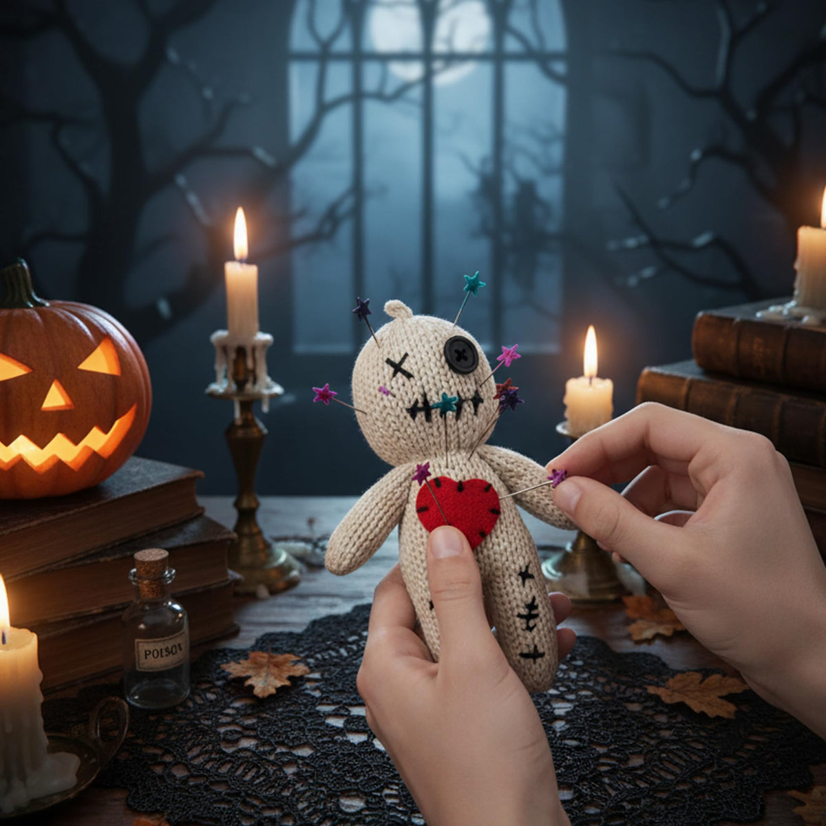 DKUUPEX Voodoo Doll with 18 Pins, Creepy Horror Plush Stress Relief Halloween Decoration & Funny Gag Gift for Friends, Office & Party for Adult