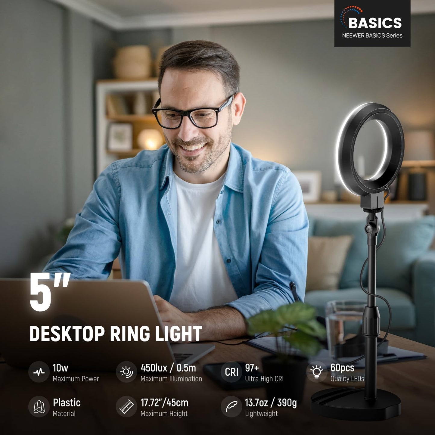 NEEWER BASICS 5"/13cm Desk Ring Light with Stand, Phone Holder Base, 10W LED Selfie Light Compatible with iPhone for Video Recording Laptop Webcam Zoom Video Conference Lighting Makeup, Black BR60