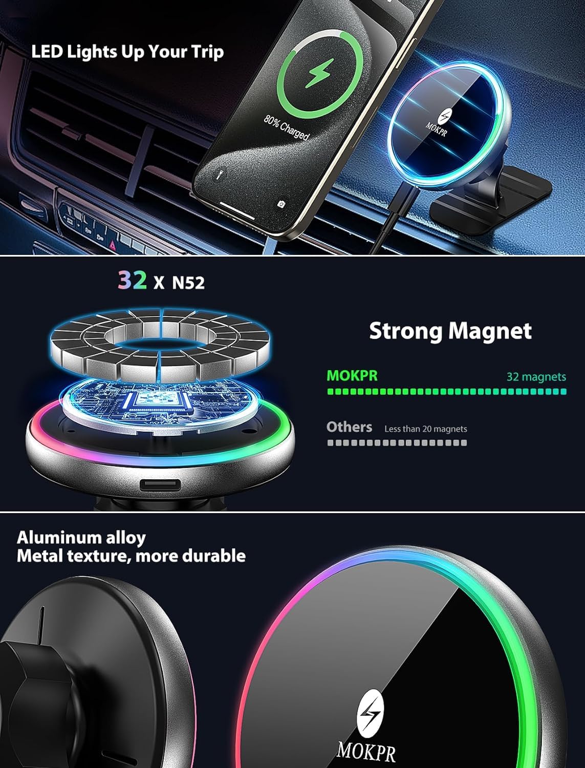 MOKPR for Magsafe Car Mount Charger, 15W Magnetic Wireless Car Charger, Air Vent/Dashboard for Magsafe Phone Holder Fits iPhone 16/15/14/13/12